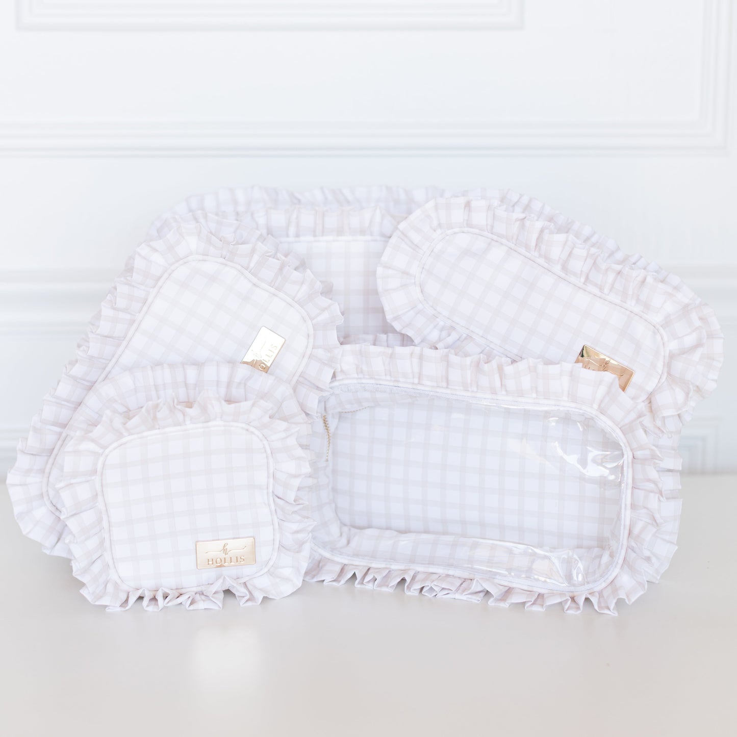 Nude Plaid Ruffled Nylon Pencil Bag