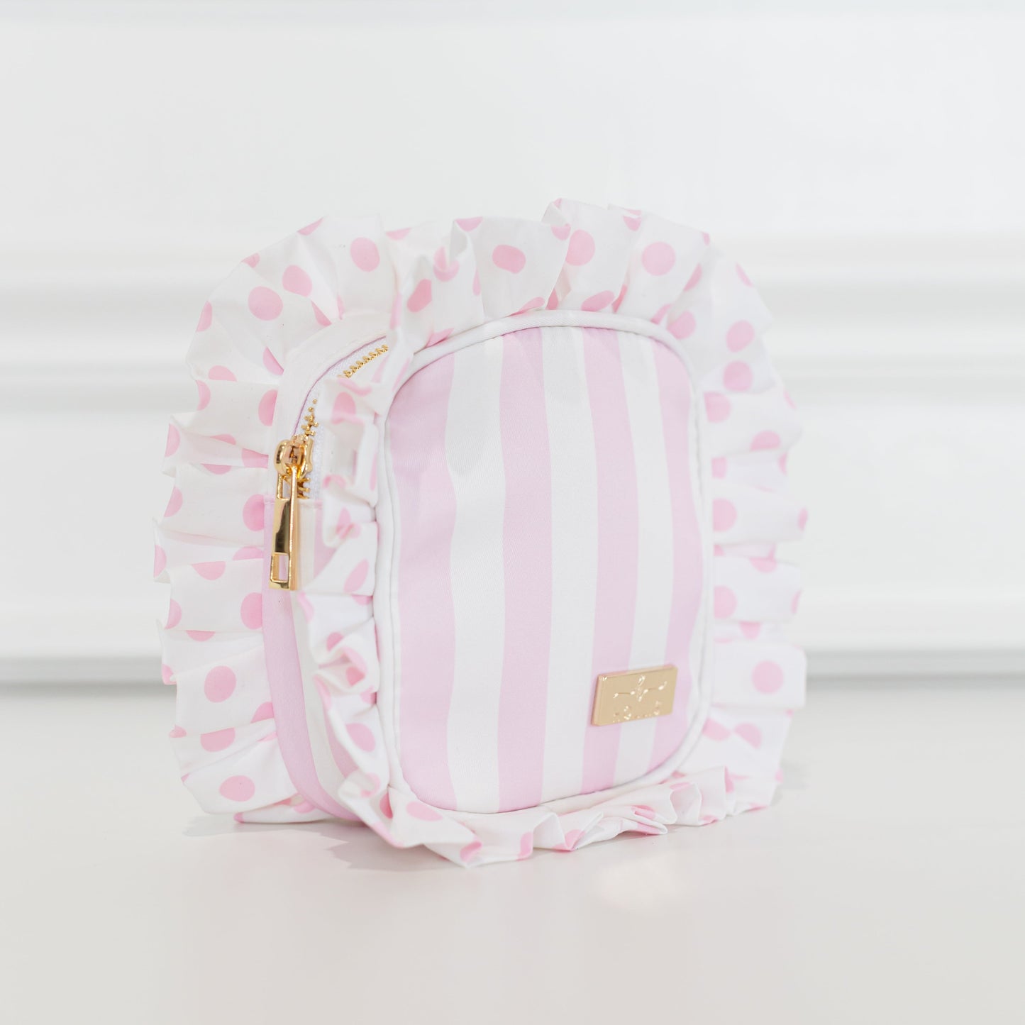 Pink Polka Stripe Ruffled Nylon Tech Organizer