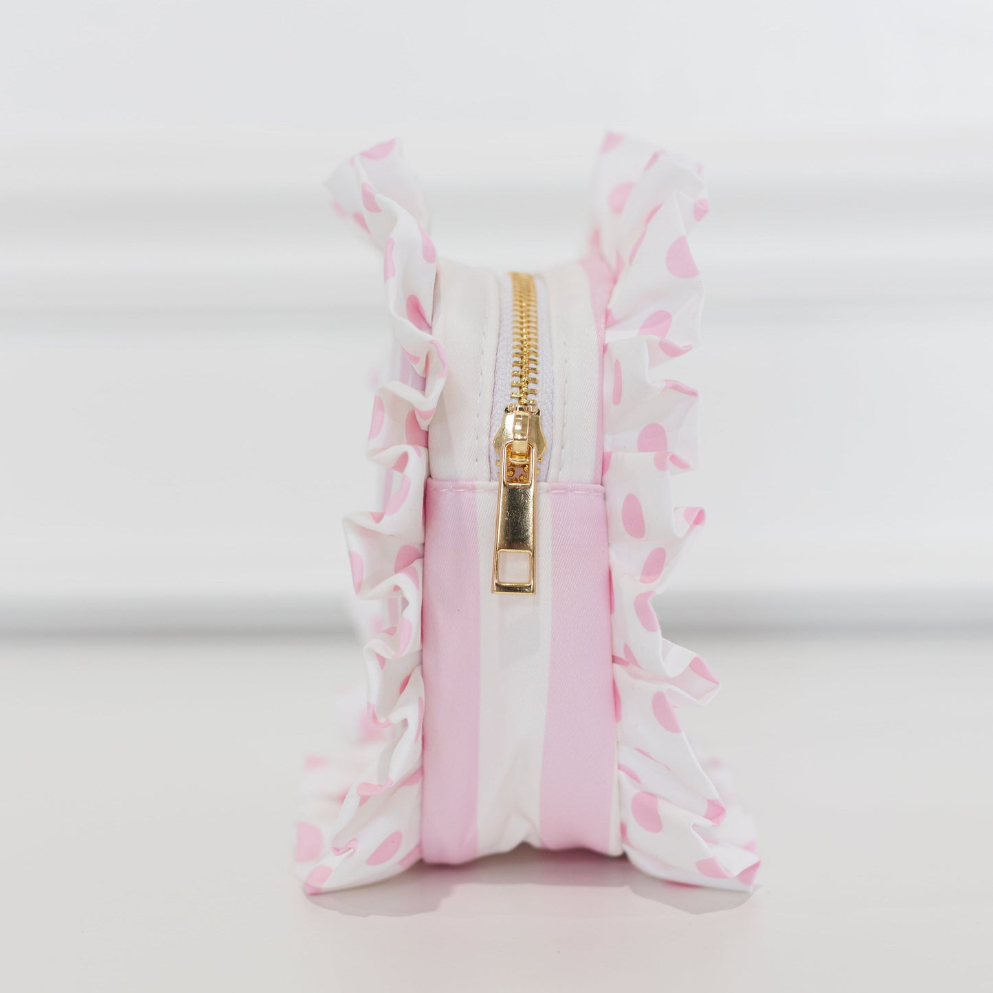 Pink Polka Stripe Ruffled Nylon Tech Organizer