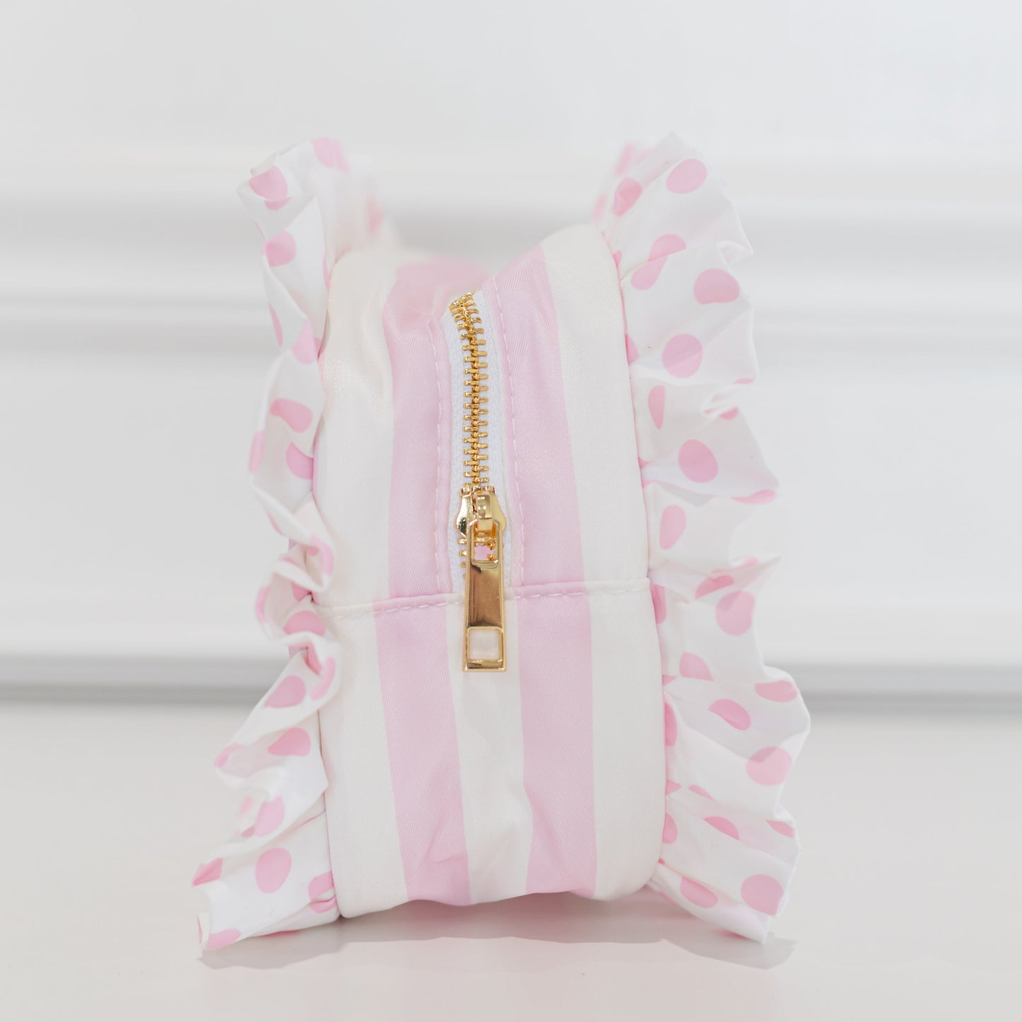 Pink Polka Stripe Ruffled Nylon Large Clear Pouch