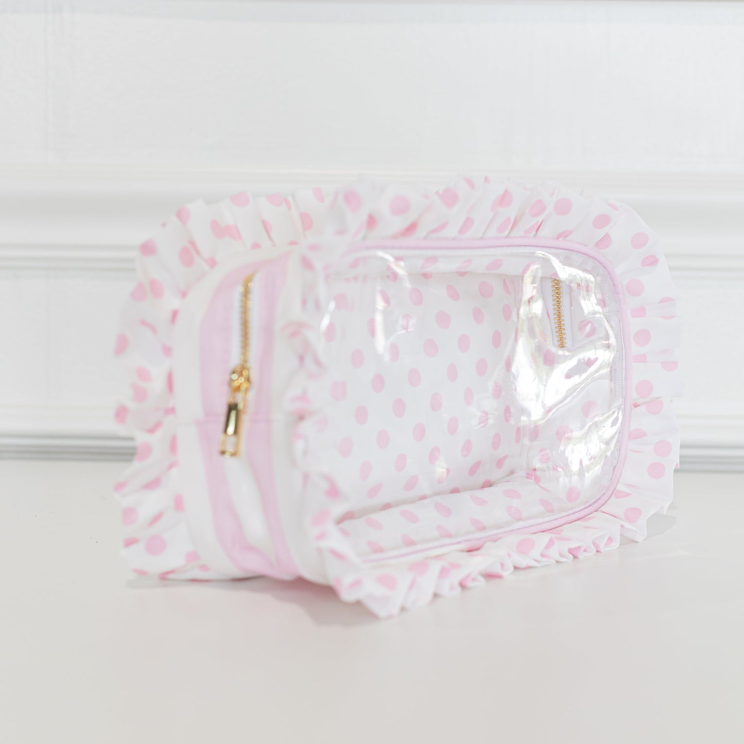 Pink Polka Stripe Ruffled Nylon Large Clear Pouch
