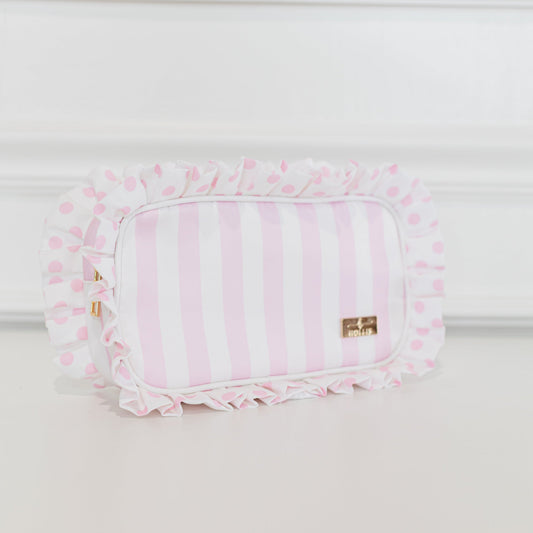 Pink Polka Stripe Ruffled Nylon Medium Pouch