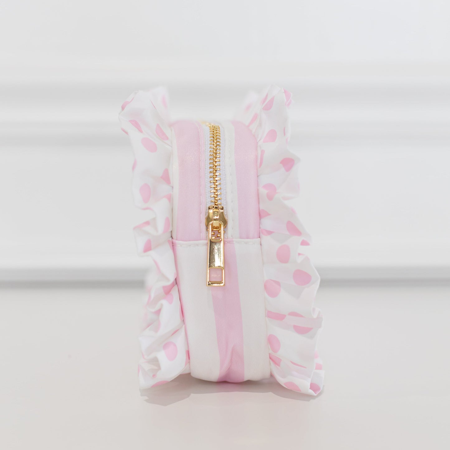 Pink Polka Stripe Ruffled Nylon Medium Pouch
