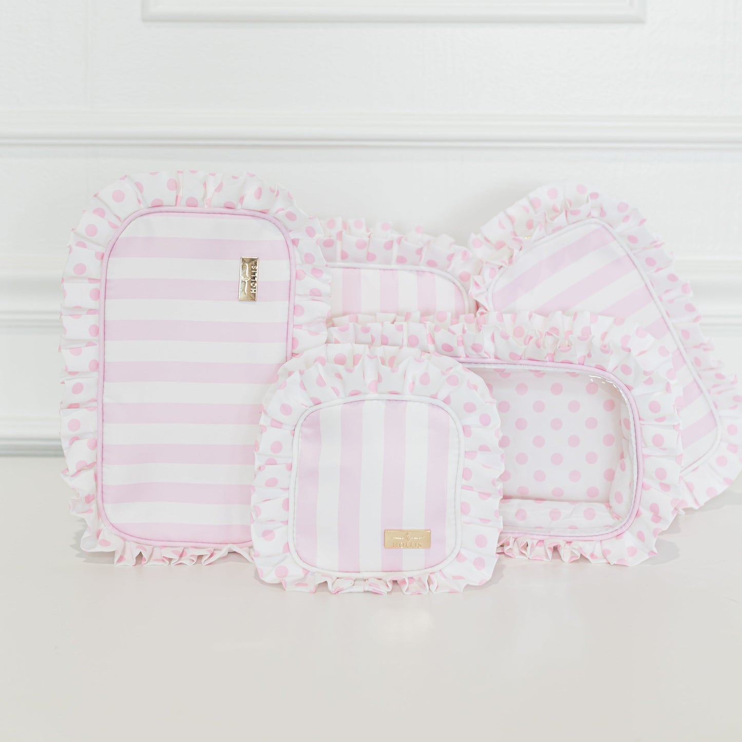 Pink Polka Stripe Ruffled Nylon Large Clear Pouch