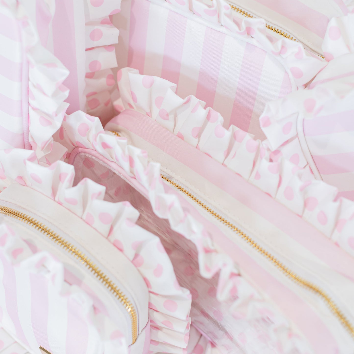 Pink Polka Stripe Ruffled Nylon XL Pouch