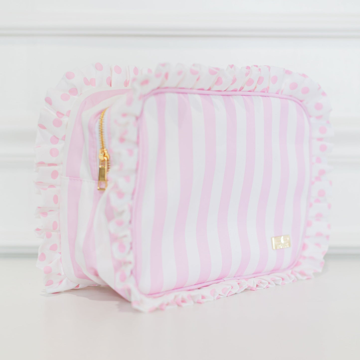 Pink Polka Stripe Ruffled Nylon XL Pouch