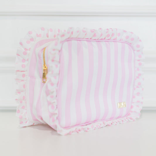 Pink Polka Stripe Ruffled Nylon XL Pouch